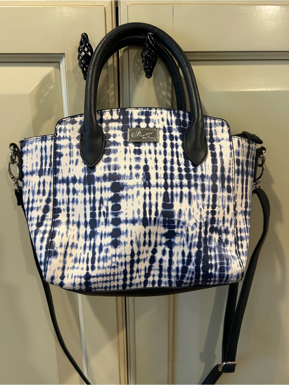 Betsey Johnson Navy & White Printed Satchel with Black Handles